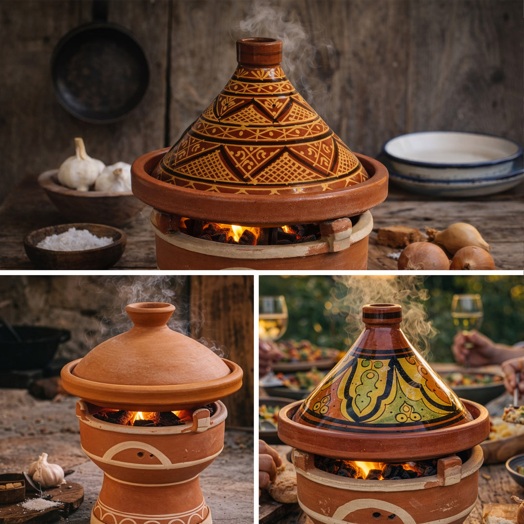 Tajine på mejmar lervarmer til kul, marokkansk bordgrill med tagine varianter i marokkansk stil