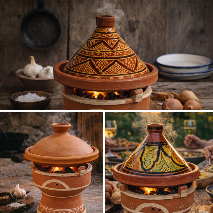 Tajine på mejmar lervarmer til kul, marokkansk bordgrill med tagine varianter i marokkansk stil