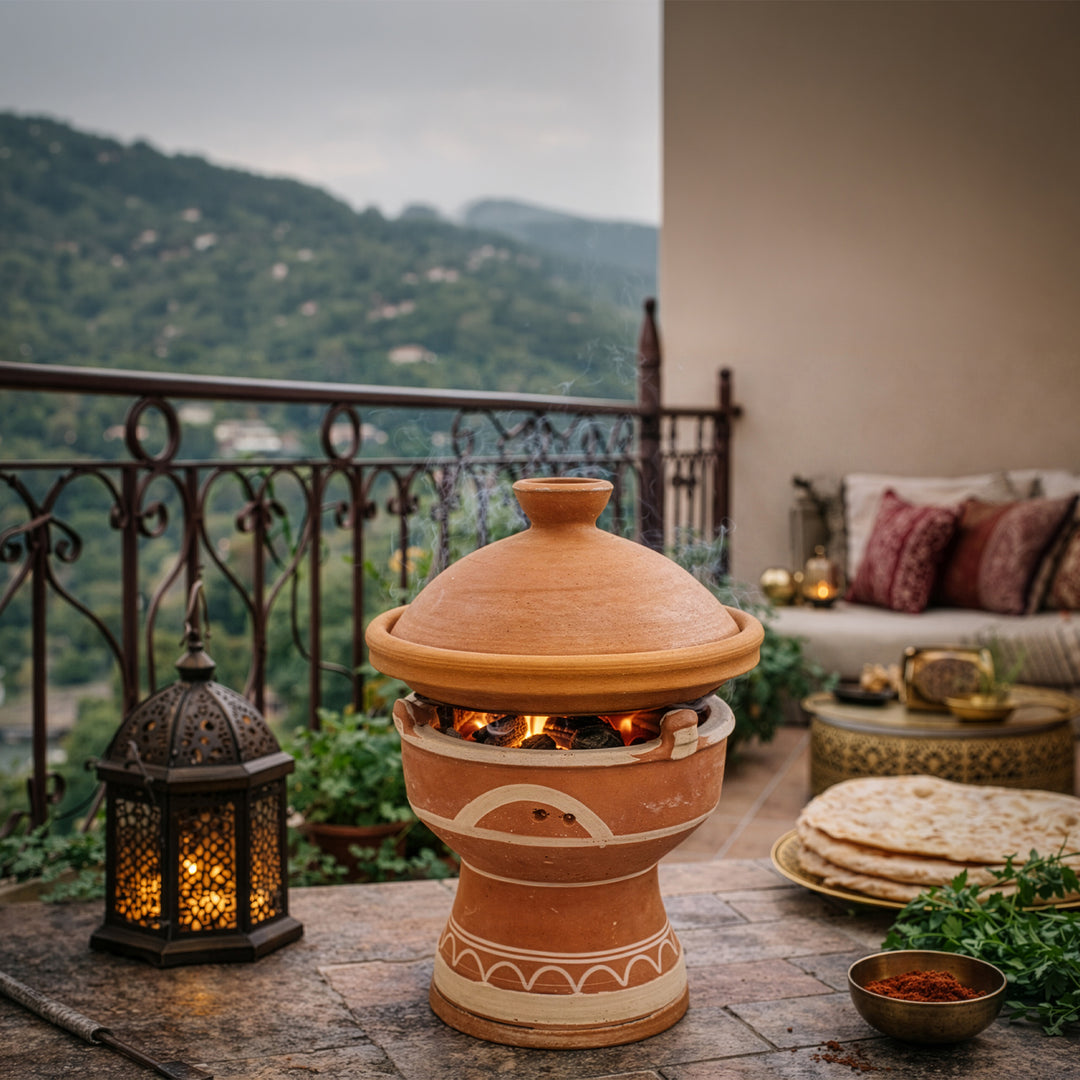 Mejmar lervarmer til kul, marokkansk bordgrill til tagine på terrassen i marokkansk stil