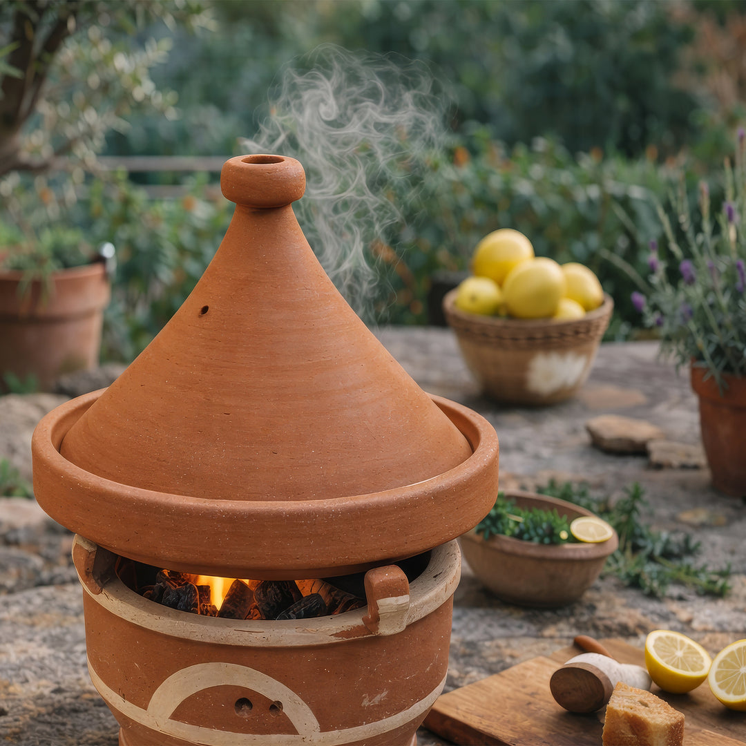 Mejmar lervarmer til kul, marokkansk tagine bordgrill med åbne gløder i udendørsområdet