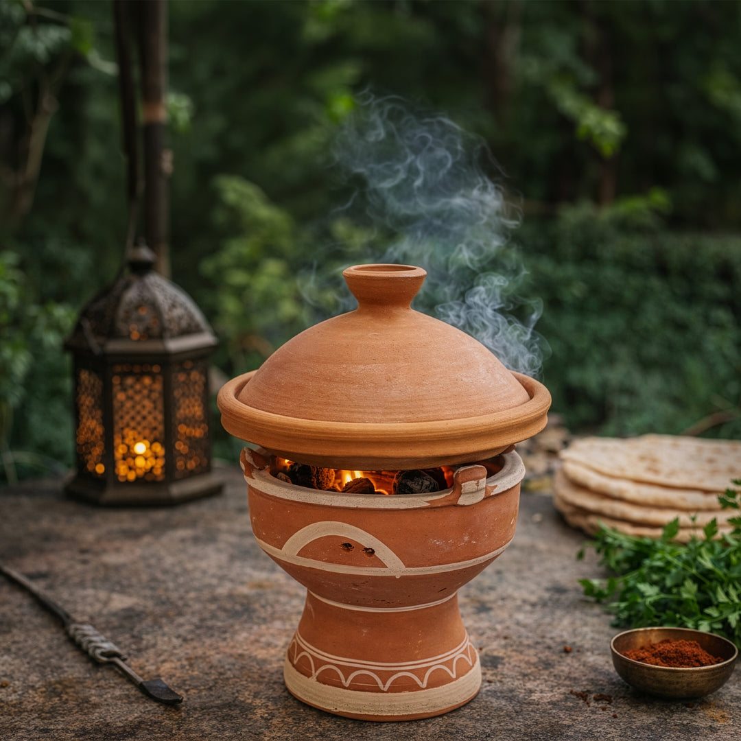 Mejmar lervarmer til kul, marokkansk tagine bordgrill med åbne gløder i haven