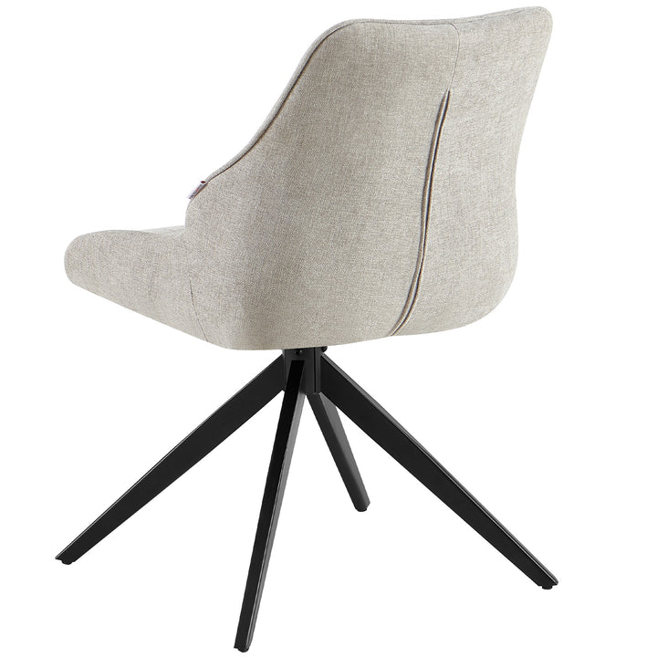 Set bagfra af den 360° roterende spisestuestol i lysegrå med sort metalstel - polstret ryglæn med elegante dekorative syninger og moderne form