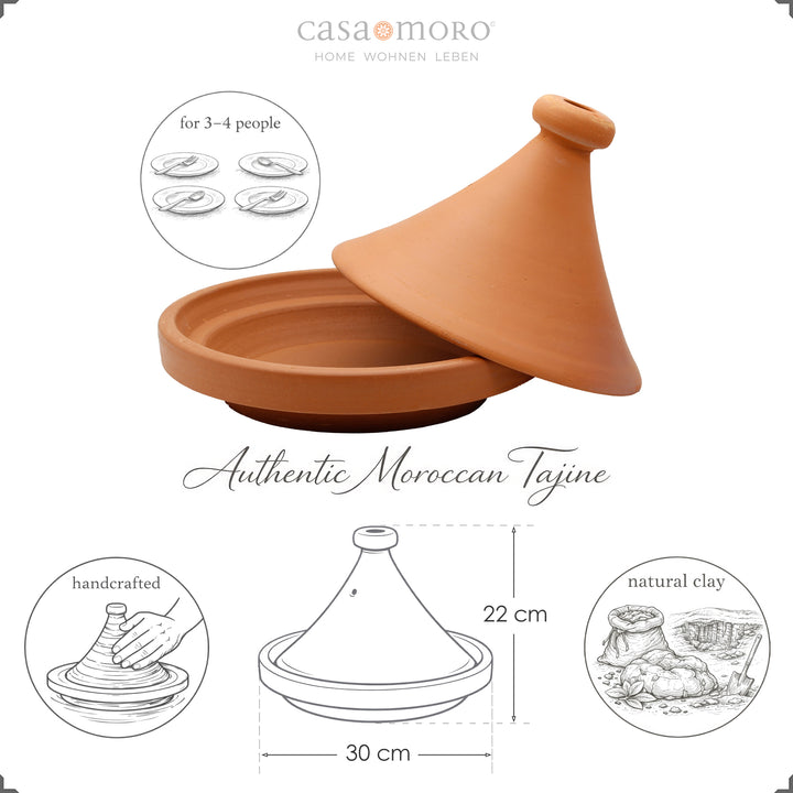 Tajine uden glasur 30 cm fra Marokko, til 3-4 personer, håndlavet og naturlig