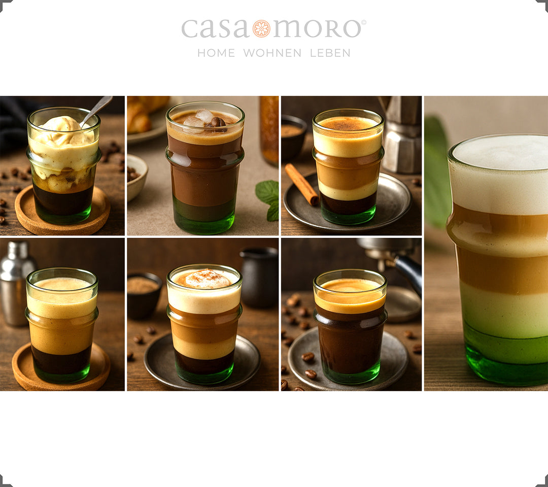 Glas fyldt med kaffekreationer - fra macchiato til dalgona, serveret i grønne glas