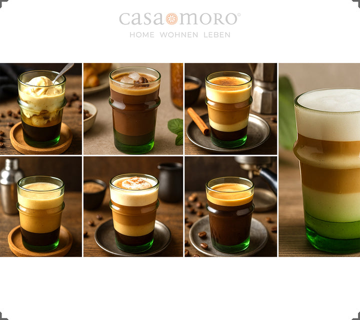 Glas fyldt med kaffekreationer - fra macchiato til dalgona, serveret i grønne glas