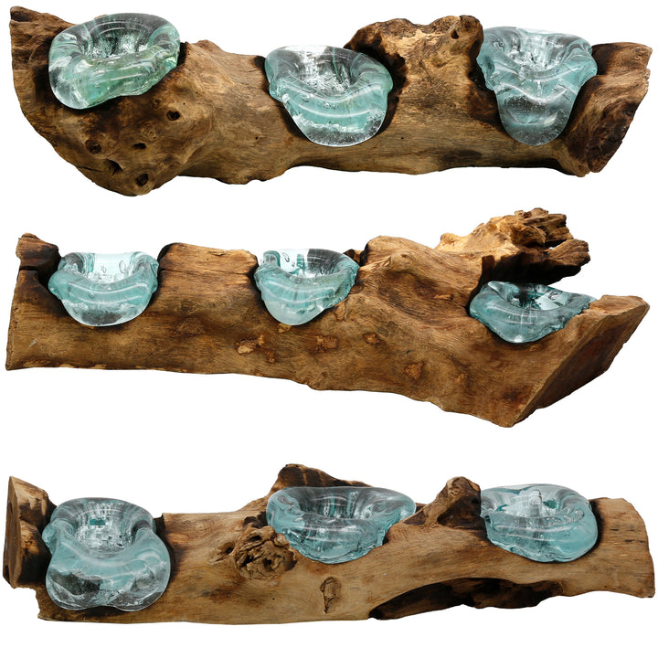 Dreiteilige Glasformen auf naturgewachsenem Wurzelholz, als Teelichthalter arrangiert und aus verschiedenen Perspektiven gezeigt