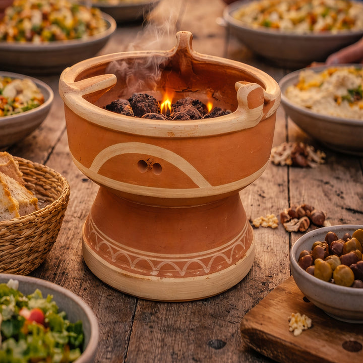 Mejmar lervarmer til kul, marokkansk bordgrill med åbne gløder uden tagine