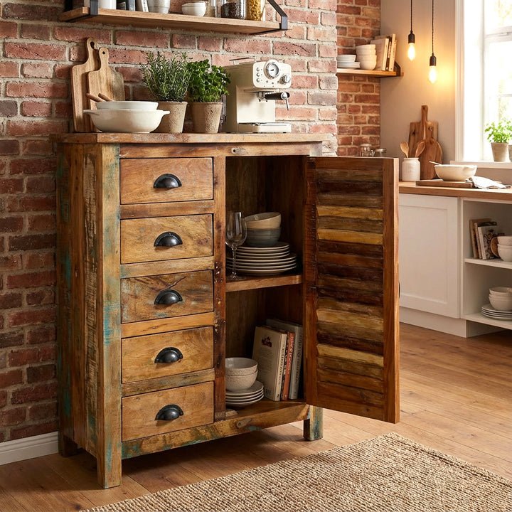 Massivt træ highboard i køkkenet, åben dør, fade i interiøret, varm vintage hjemmescene