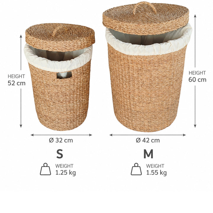 Måltegning: søgræskurv S Ø 32 × H 52 cm, 1,25 kg; M Ø 42 × H 60 cm, 1,55 kg, med løftede låg.