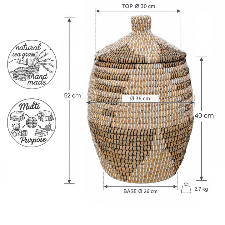 Mål: Søgræskurv i naturfarve/brun/sort/hvid, ca. 30 liter, maks. Ø 36 cm og 52 cm høj med låg.
