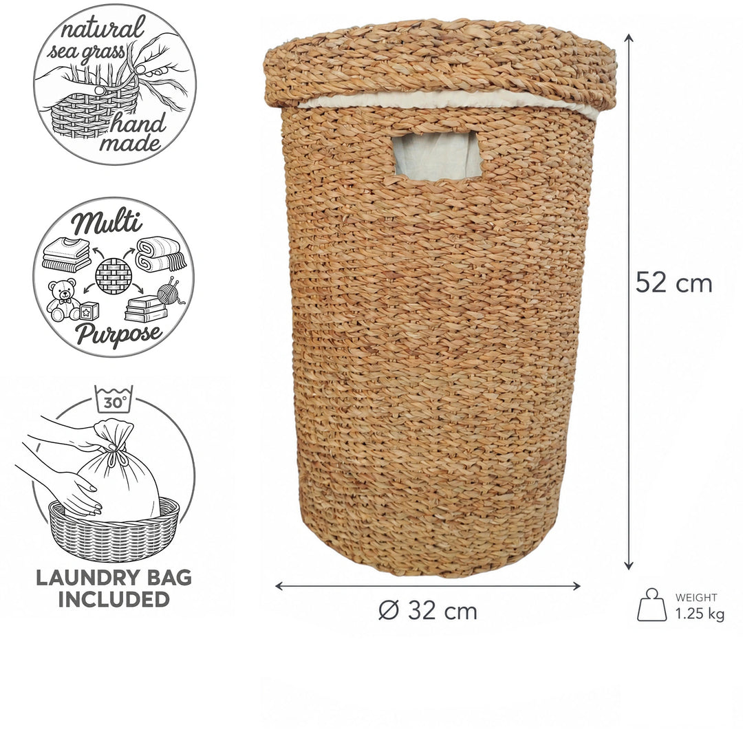 Måltegning af søgræskurv: Ø 32 cm, højde 52 cm, 1,25 kg og symbol for posevask ved 30 °C.