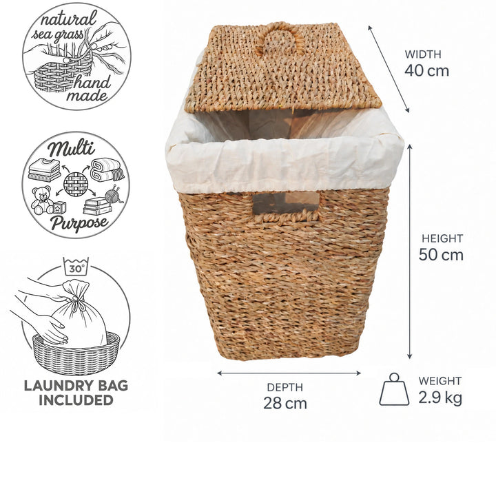 Tøjkurv af havgræs med en rumfang på 50 liter: 40 cm bred, 28 cm dyb, 50 cm høj, 2,9 kg; med låg og tøjpose.