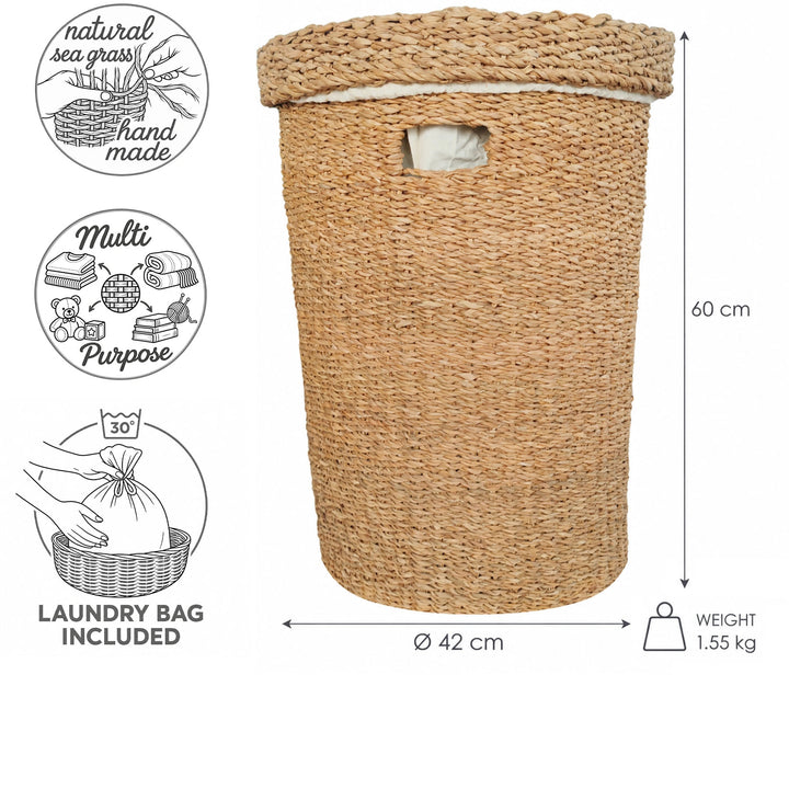 Måltegning af søgræskurv: Ø 42 cm, højde 60 cm, 1,55 kg og symbol for posevask ved 30 °C.