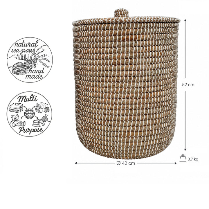 Tøjkurv af havgræs i naturfarve/hvid: Ø 42 cm, 52 cm høj, ca. 65 liter rumfang og 3,7 kg vægt.
