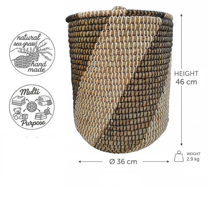 Tøjkurv af havgræs i naturfarve/sort/hvid: Ø 36 cm, 46 cm høj, ca. 40 liter rumfang og 2,9 kg vægt.