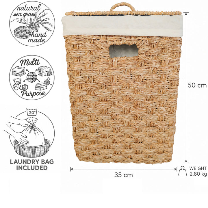 Mål på den firkantede vasketøjskurv af havgræs med låg: 35 × 35 cm, højde 50 cm, ca. 55 liter, vægt 2,8 kg.