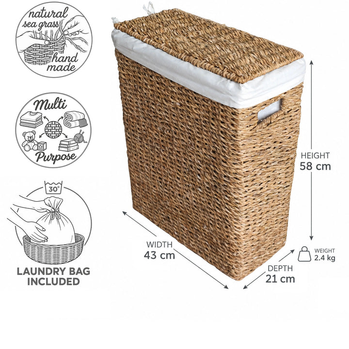 Smal vasketøjskurv af havgræs med et rumfang på 45 liter: 43×21×58 cm (B×D×H), 2,4 kg, med låg og vasketøjsposen.