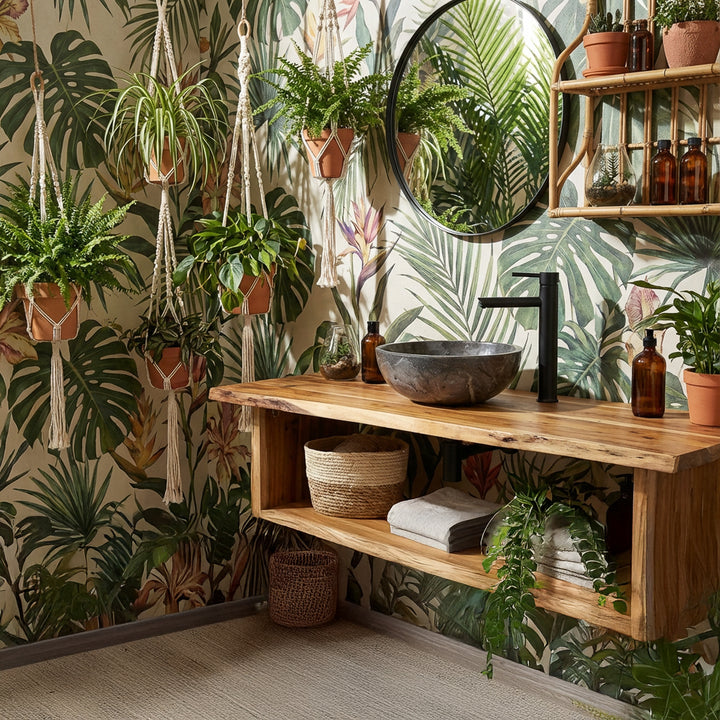 Rund bordplade håndvask lavet af natursten på et vaskeskab i træ i et grønt boho badeværelse med planter, tapet og sorte armaturer