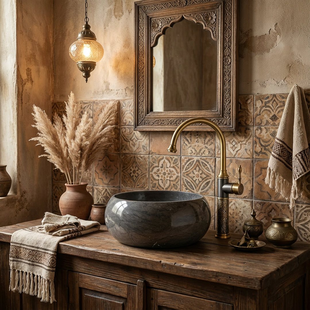 Rund bordplade håndvask lavet af natursten på rustik trævask i et orientalsk badeværelse med messing armatur og mønstrede fliser