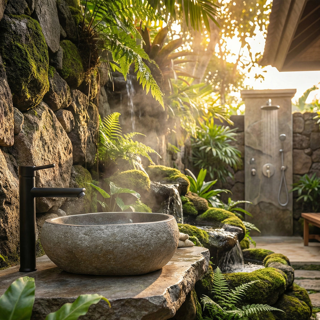 Stenvask i den udendørs spa lavet af natursten, på en kampestensbund med sorte armaturer og tropiske planter