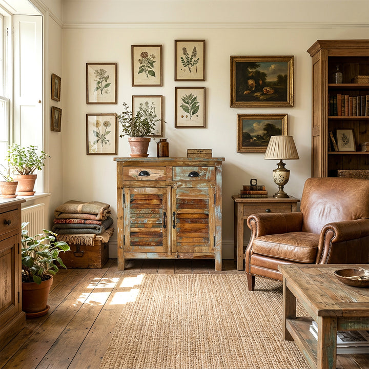 Massivt træ highboard i stuen, naturlige materialer, rolig vintage levende scene med naturligt lys